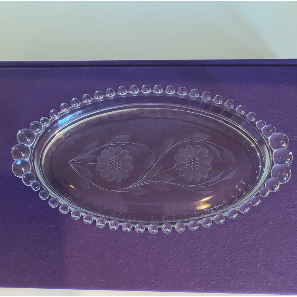 VTG Oval Candlewick Dish with a Glass Beaded handle at each Cornflower Etching